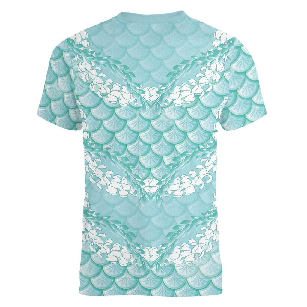 Light Turquoise Mermaid Puakenikeni Maile Lei Women V-Neck T-Shirt LT01 - Polynesian Pride