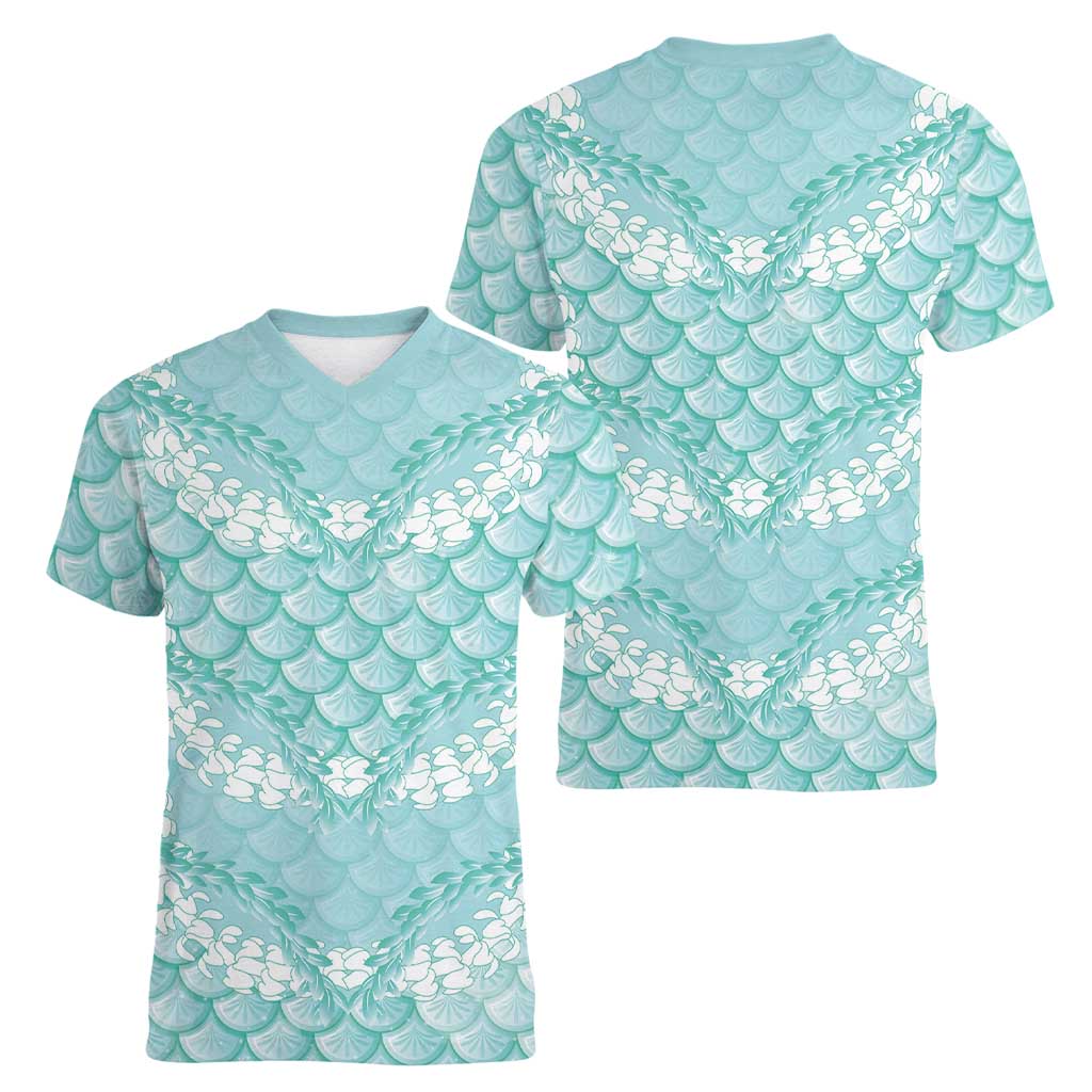 Light Turquoise Mermaid Puakenikeni Maile Lei Women V-Neck T-Shirt LT01 - Polynesian Pride