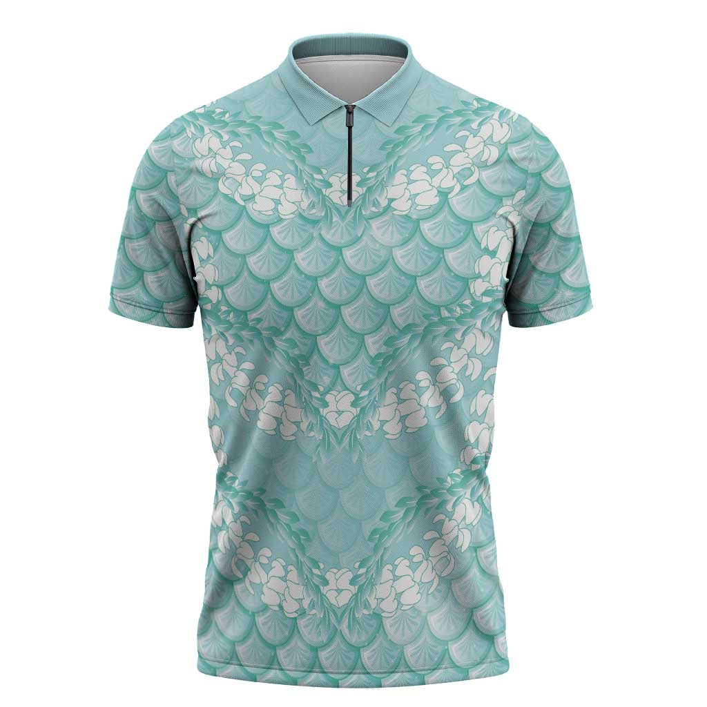 Light Turquoise Mermaid Puakenikeni Maile Lei Zipper Polo Shirt LT01 Turquoise - Polynesian Pride