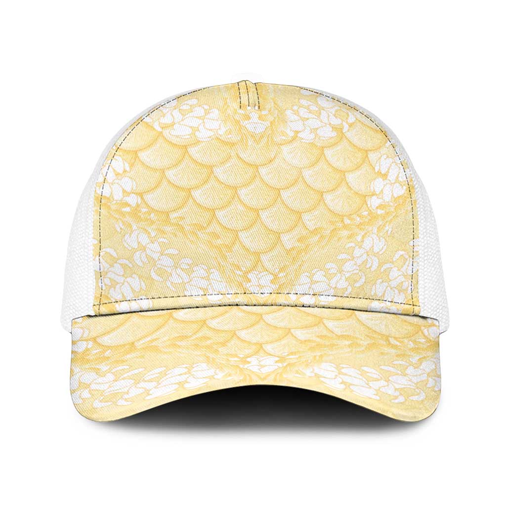 Pastel Yellow Mermaid Puakenikeni Maile Lei Baseball Net Cap LT01 One Size White Yellow - Polynesian Pride