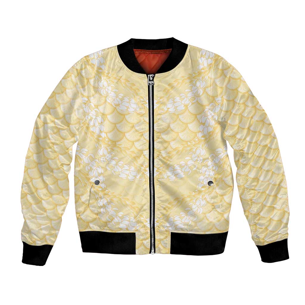 Pastel Yellow Mermaid Puakenikeni Maile Lei Bomber Jacket LT01 Unisex Yellow - Polynesian Pride