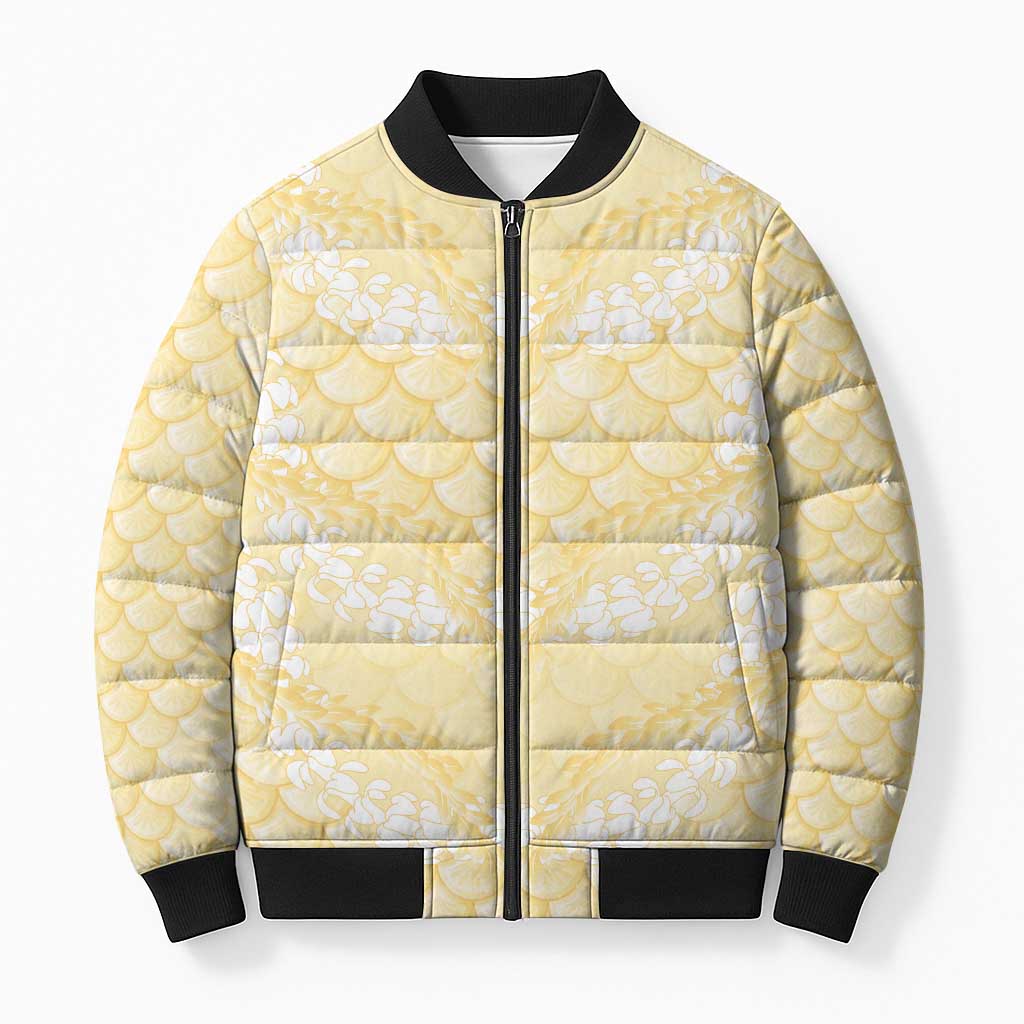 Pastel Yellow Mermaid Puakenikeni Maile Lei Bomber Puffer Jacket LT01 Unisex Yellow - Polynesian Pride