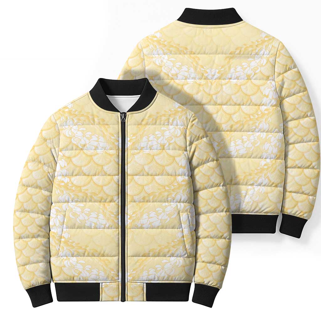 Pastel Yellow Mermaid Puakenikeni Maile Lei Bomber Puffer Jacket LT01 - Polynesian Pride