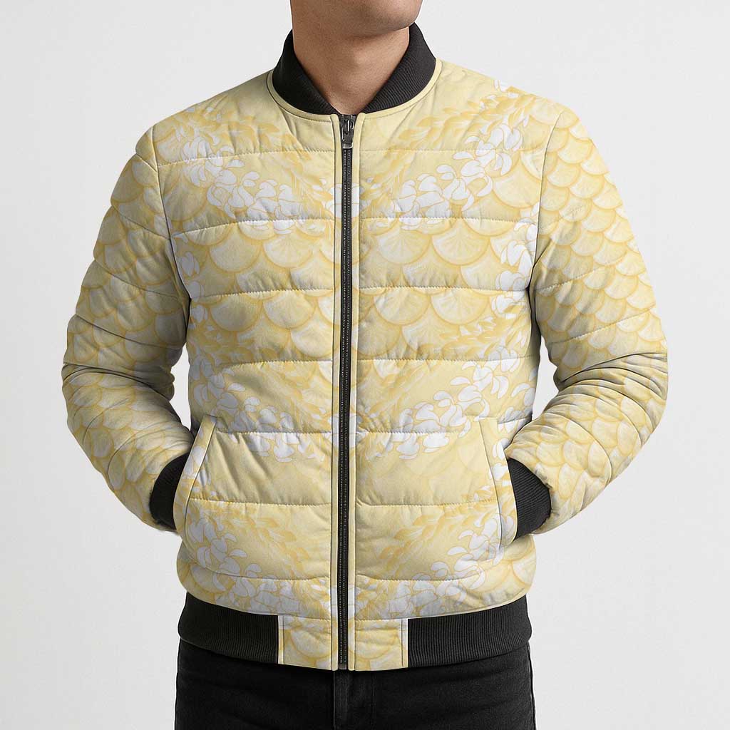Pastel Yellow Mermaid Puakenikeni Maile Lei Bomber Puffer Jacket LT01 - Polynesian Pride