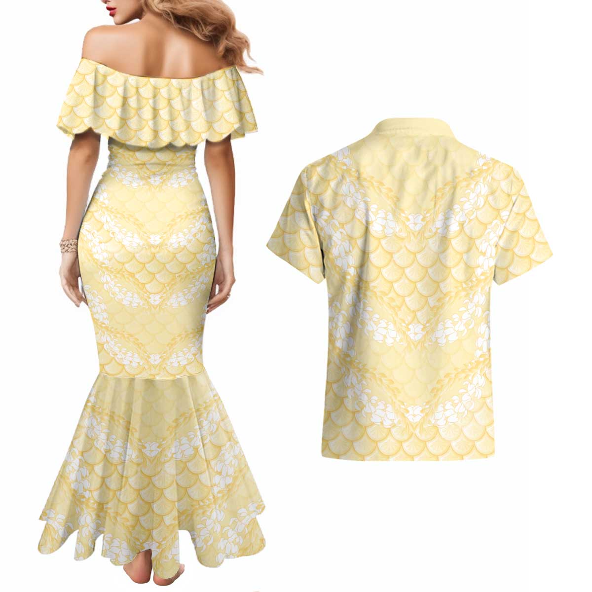Pastel Yellow Mermaid Puakenikeni Maile Lei Couples Matching Mermaid Dress and Hawaiian Shirt