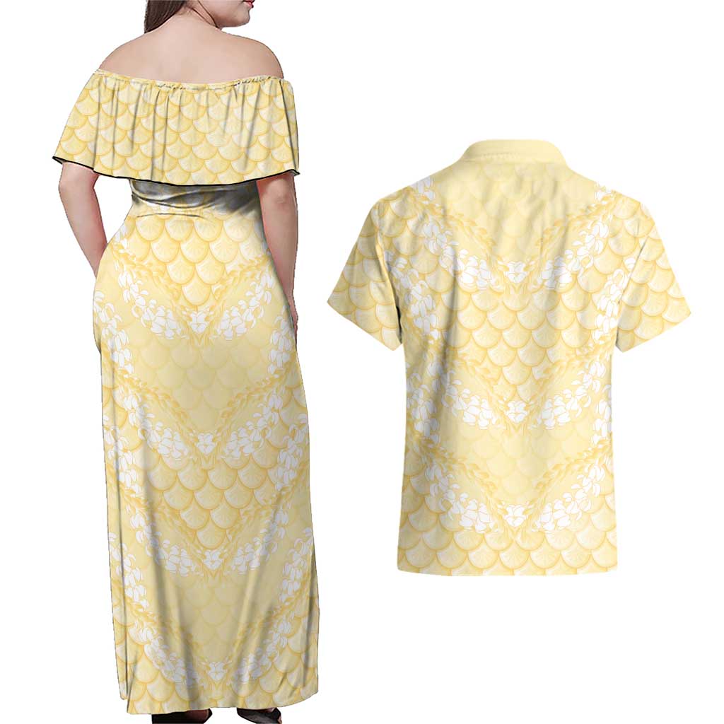 Pastel Yellow Mermaid Puakenikeni Maile Lei Couples Matching Off Shoulder Maxi Dress and Hawaiian Shirt