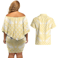 Pastel Yellow Mermaid Puakenikeni Maile Lei Couples Matching Off Shoulder Short Dress and Hawaiian Shirt