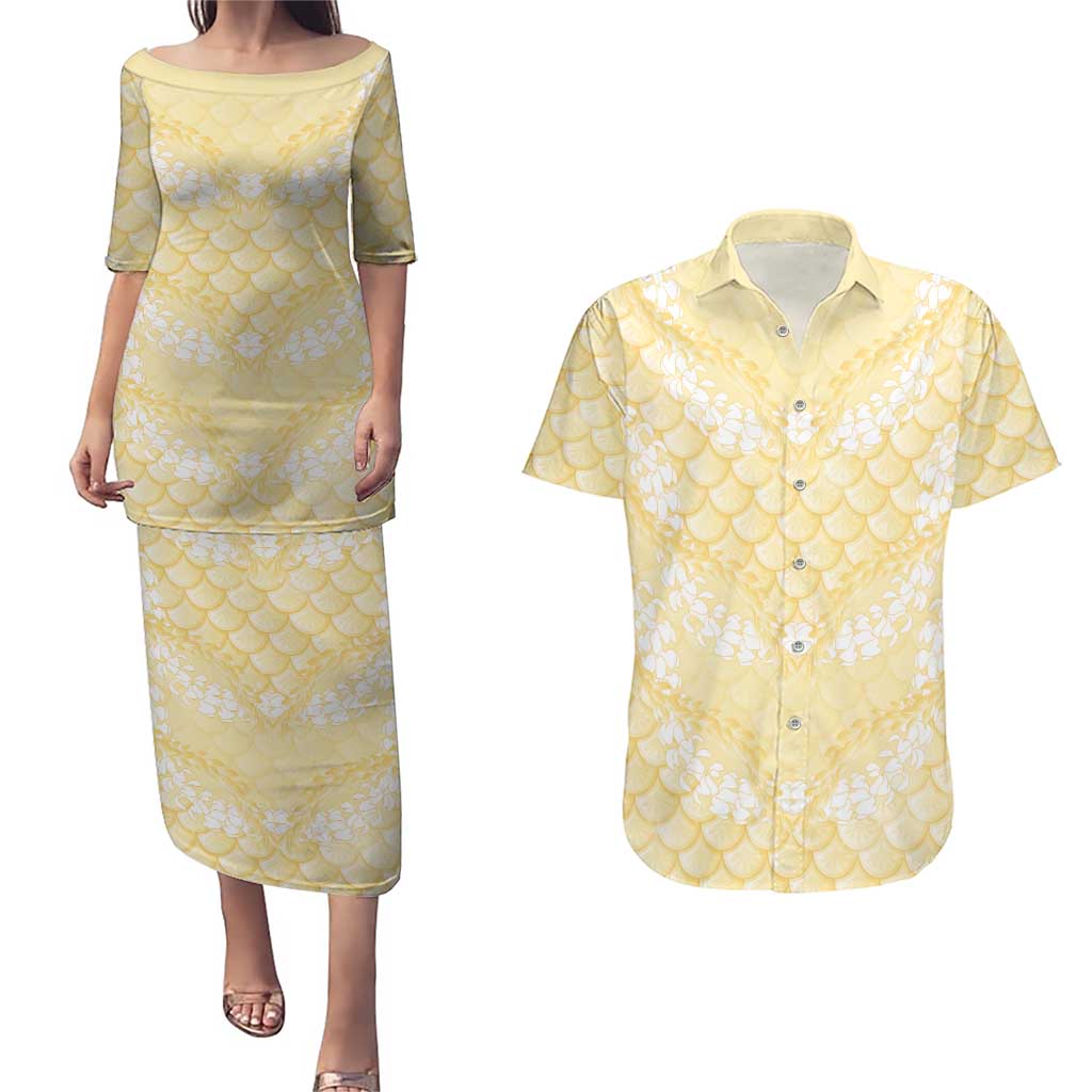 Pastel Yellow Mermaid Puakenikeni Maile Lei Couples Matching Puletasi and Hawaiian Shirt