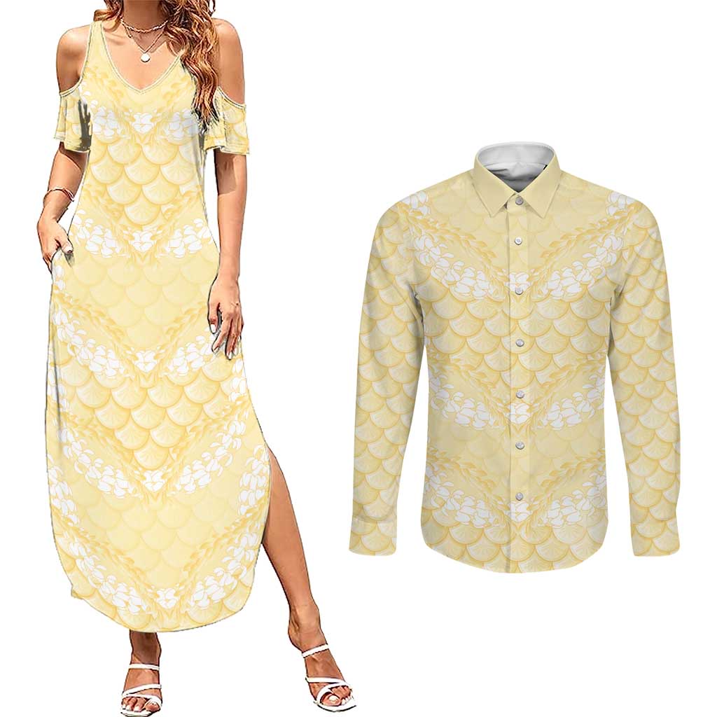Pastel Yellow Mermaid Puakenikeni Maile Lei Couples Matching Summer Maxi Dress and Long Sleeve Button Shirt