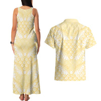 Pastel Yellow Mermaid Puakenikeni Maile Lei Couples Matching Tank Maxi Dress and Hawaiian Shirt