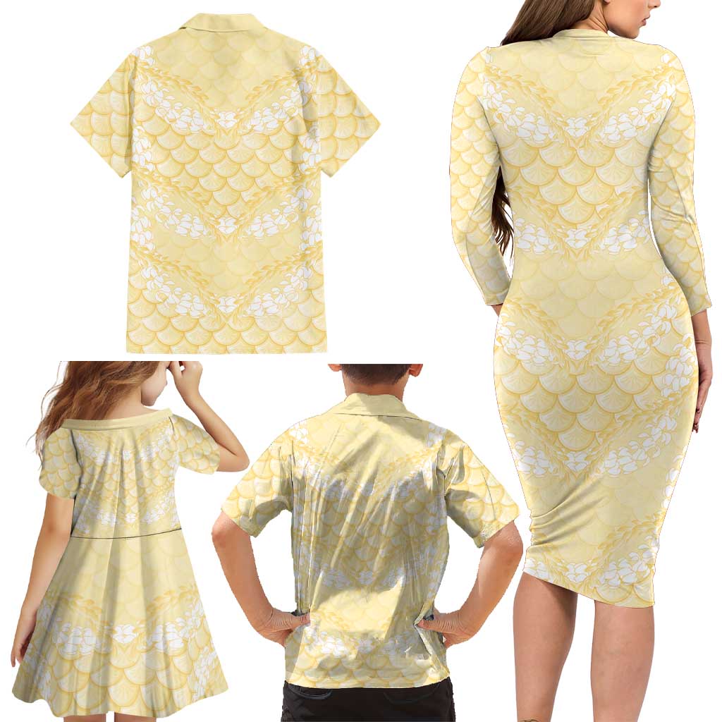 Pastel Yellow Mermaid Puakenikeni Maile Lei Family Matching Long Sleeve Bodycon Dress and Hawaiian Shirt