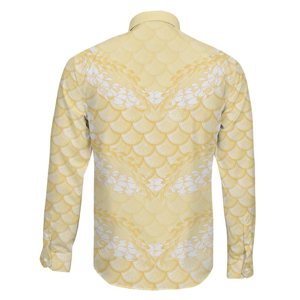 Pastel Yellow Mermaid Puakenikeni Maile Lei Family Matching Long Sleeve Bodycon Dress and Hawaiian Shirt