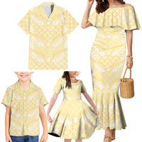 Pastel Yellow Mermaid Puakenikeni Maile Lei Family Matching Mermaid Dress and Hawaiian Shirt