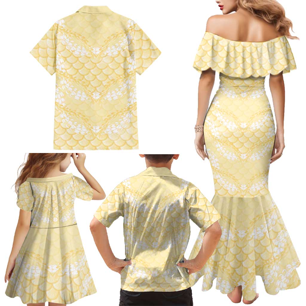 Pastel Yellow Mermaid Puakenikeni Maile Lei Family Matching Mermaid Dress and Hawaiian Shirt