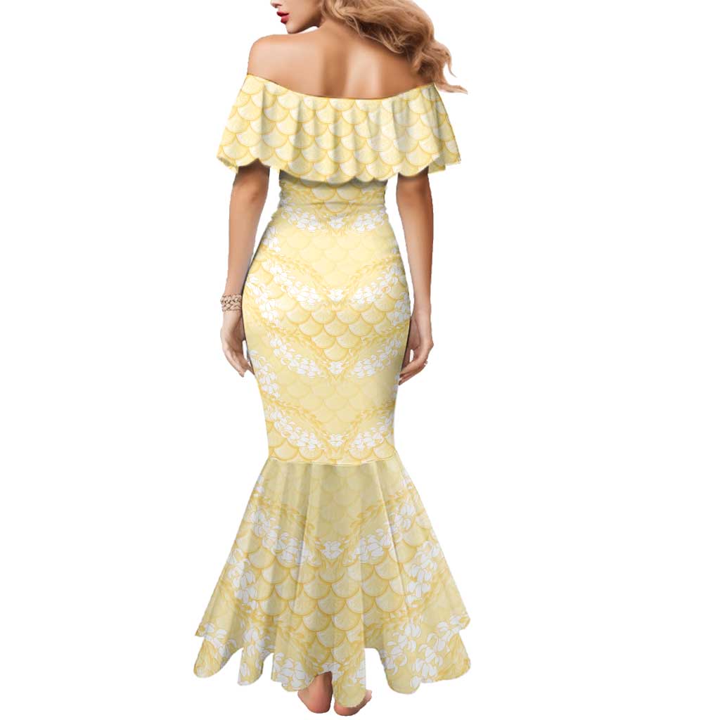 Pastel Yellow Mermaid Puakenikeni Maile Lei Family Matching Mermaid Dress and Hawaiian Shirt