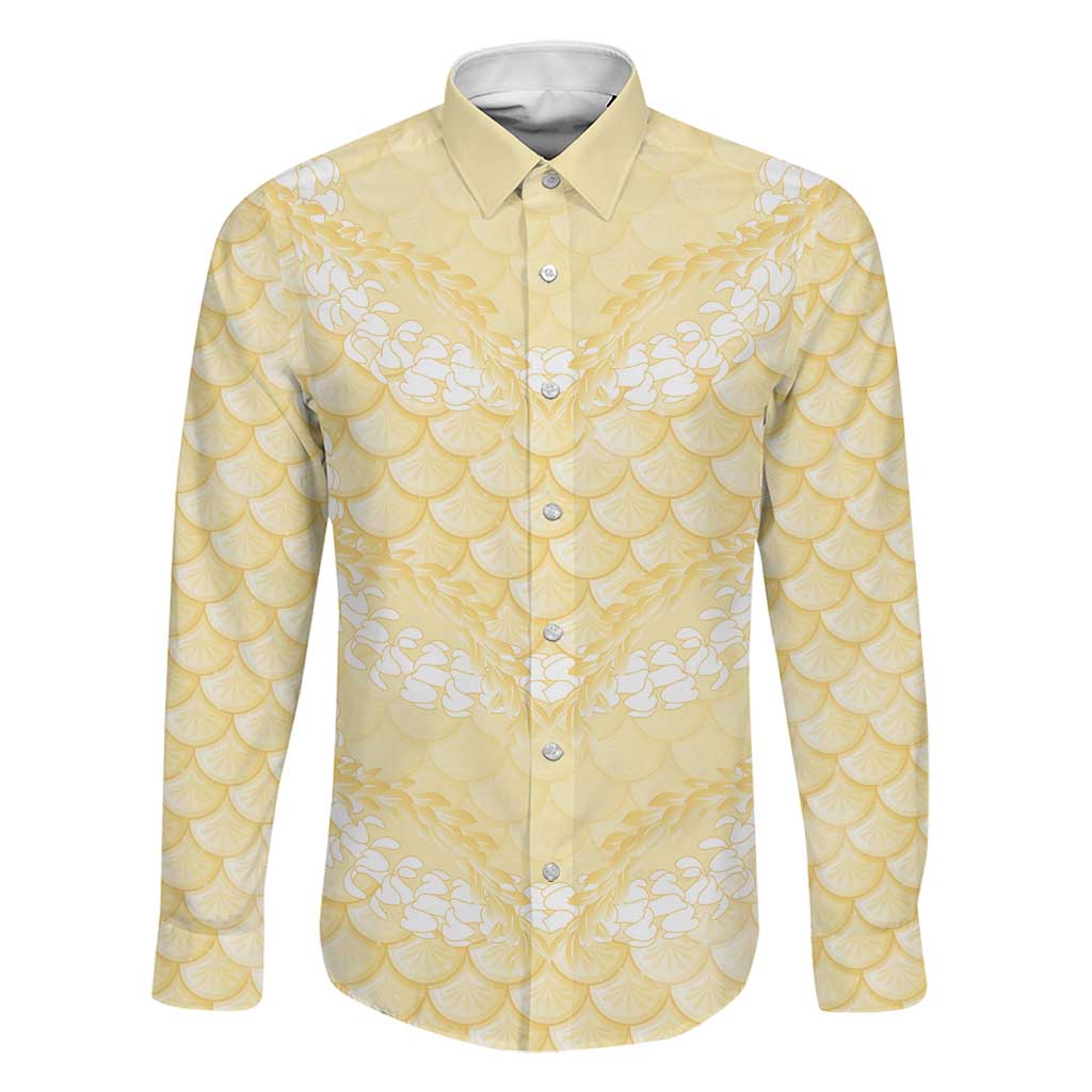 Pastel Yellow Mermaid Puakenikeni Maile Lei Family Matching Off The Shoulder Long Sleeve Dress and Hawaiian Shirt