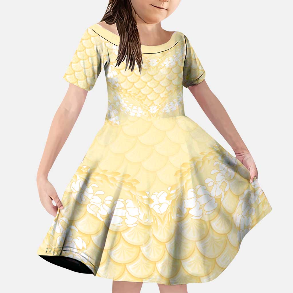Pastel Yellow Mermaid Puakenikeni Maile Lei Family Matching Off Shoulder Short Dress and Hawaiian Shirt