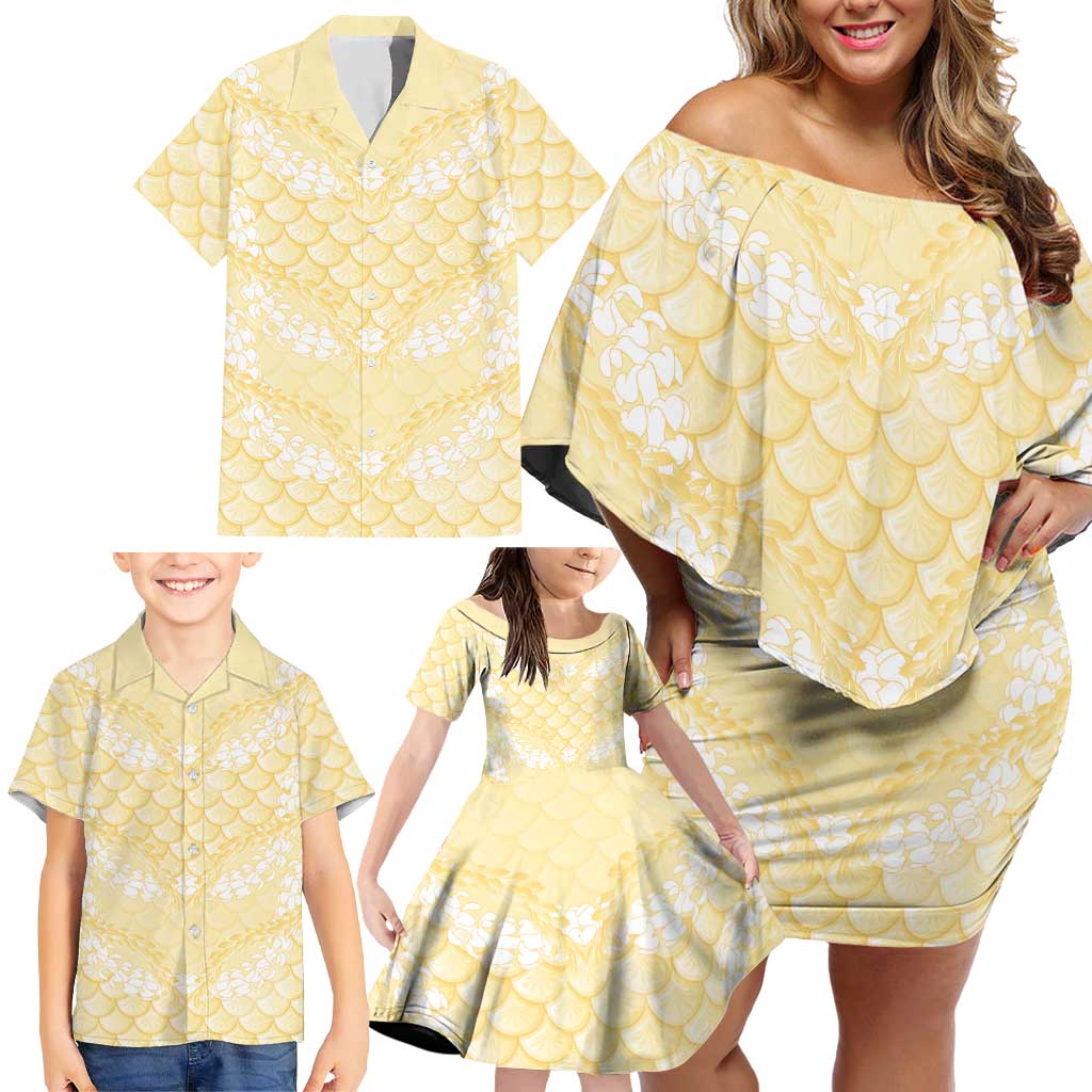 Pastel Yellow Mermaid Puakenikeni Maile Lei Family Matching Off Shoulder Short Dress and Hawaiian Shirt