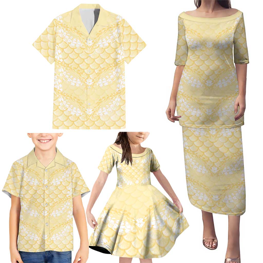 Pastel Yellow Mermaid Puakenikeni Maile Lei Family Matching Puletasi and Hawaiian Shirt
