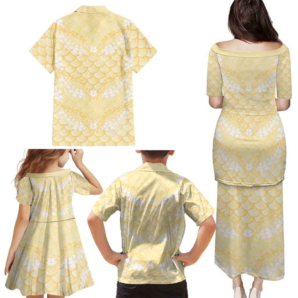 Pastel Yellow Mermaid Puakenikeni Maile Lei Family Matching Puletasi and Hawaiian Shirt