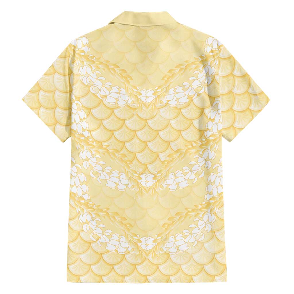 Pastel Yellow Mermaid Puakenikeni Maile Lei Family Matching Puletasi and Hawaiian Shirt