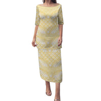 Pastel Yellow Mermaid Puakenikeni Maile Lei Family Matching Puletasi and Hawaiian Shirt