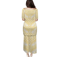 Pastel Yellow Mermaid Puakenikeni Maile Lei Family Matching Puletasi and Hawaiian Shirt