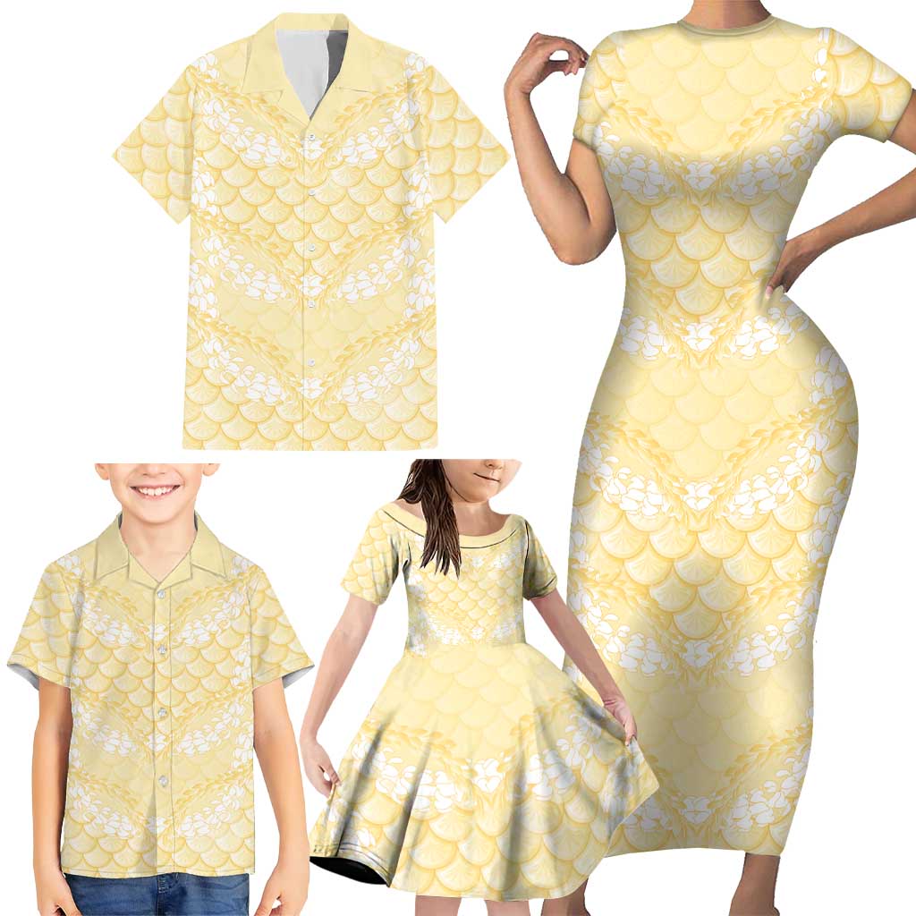 Pastel Yellow Mermaid Puakenikeni Maile Lei Family Matching Short Sleeve Bodycon Dress and Hawaiian Shirt