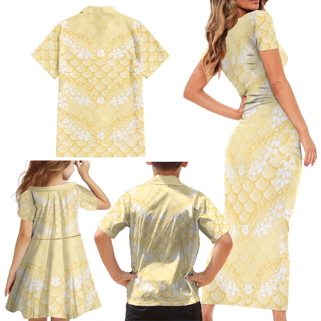 Pastel Yellow Mermaid Puakenikeni Maile Lei Family Matching Short Sleeve Bodycon Dress and Hawaiian Shirt