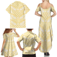 Pastel Yellow Mermaid Puakenikeni Maile Lei Family Matching Summer Maxi Dress and Hawaiian Shirt