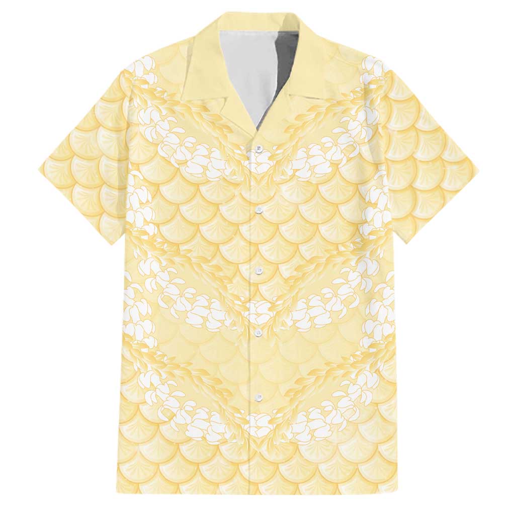 Pastel Yellow Mermaid Puakenikeni Maile Lei Family Matching Summer Maxi Dress and Hawaiian Shirt