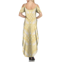 Pastel Yellow Mermaid Puakenikeni Maile Lei Family Matching Summer Maxi Dress and Hawaiian Shirt