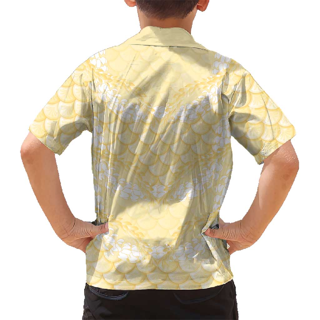 Pastel Yellow Mermaid Puakenikeni Maile Lei Family Matching Tank Maxi Dress and Hawaiian Shirt