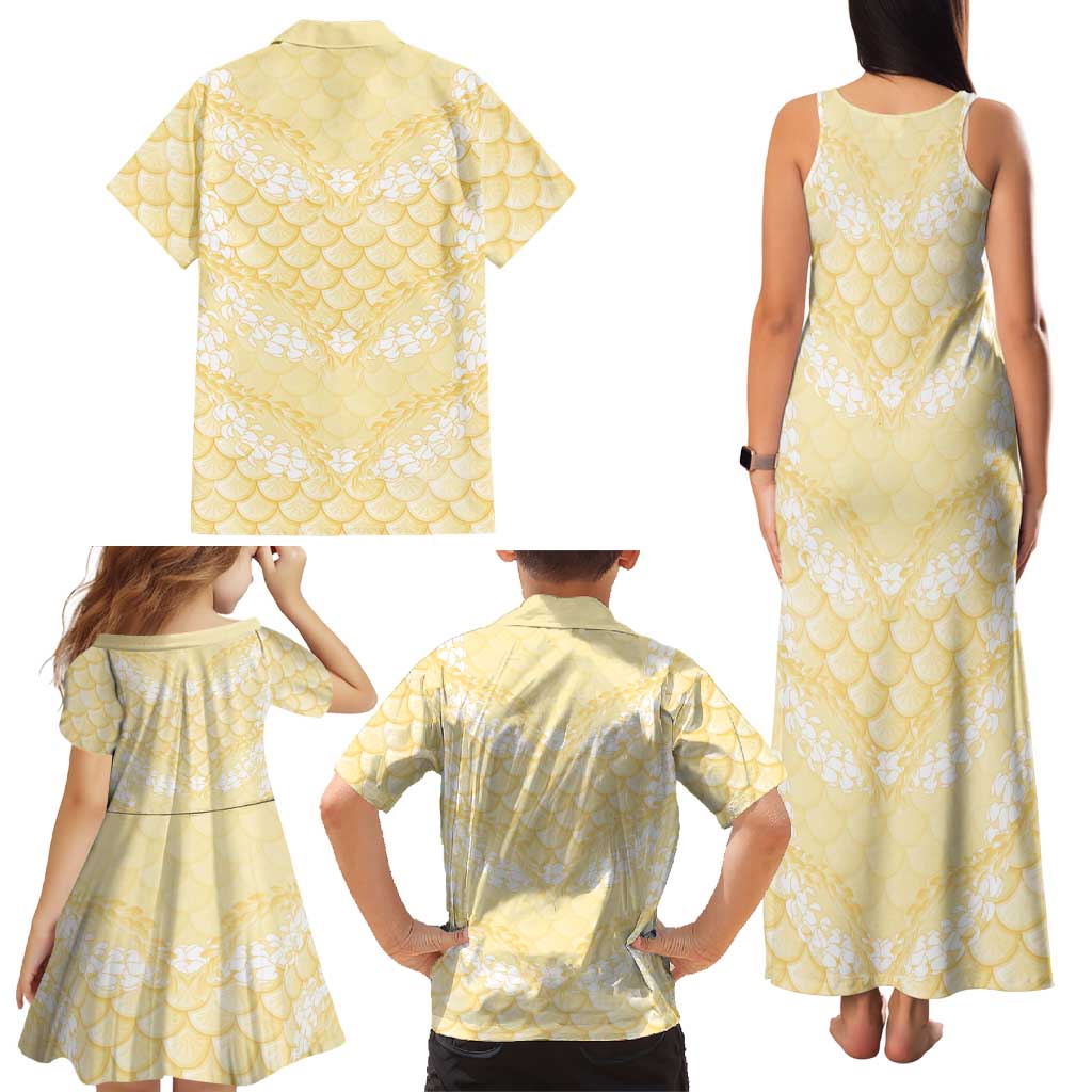 Pastel Yellow Mermaid Puakenikeni Maile Lei Family Matching Tank Maxi Dress and Hawaiian Shirt