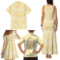 Pastel Yellow Mermaid Puakenikeni Maile Lei Family Matching Tank Maxi Dress and Hawaiian Shirt