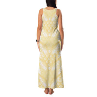 Pastel Yellow Mermaid Puakenikeni Maile Lei Family Matching Tank Maxi Dress and Hawaiian Shirt
