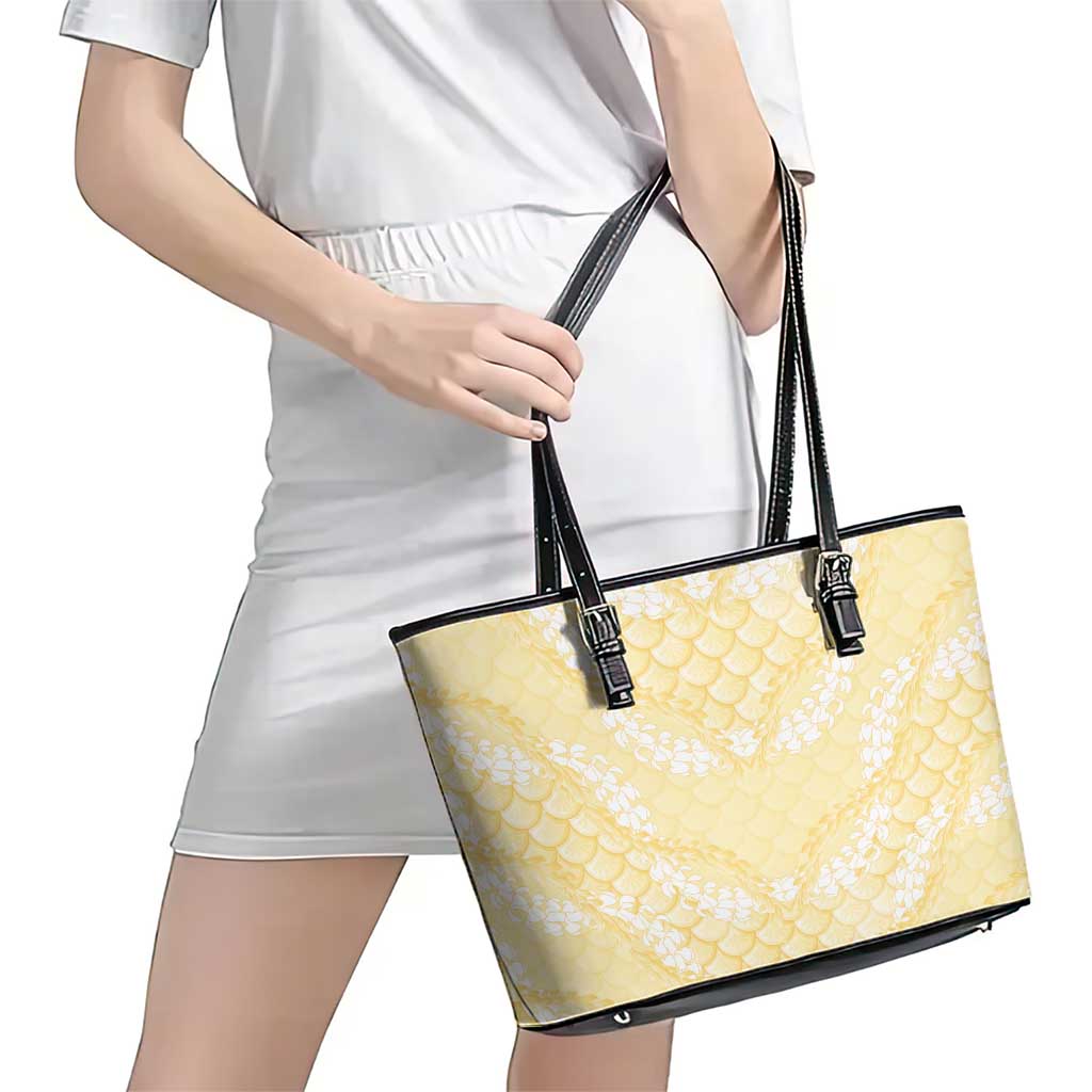 Pastel Yellow Mermaid Puakenikeni Maile Lei Leather Tote Bag LT01 - Polynesian Pride