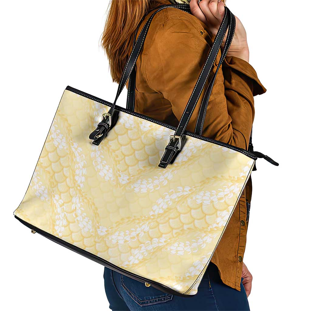 Pastel Yellow Mermaid Puakenikeni Maile Lei Leather Tote Bag LT01 - Polynesian Pride