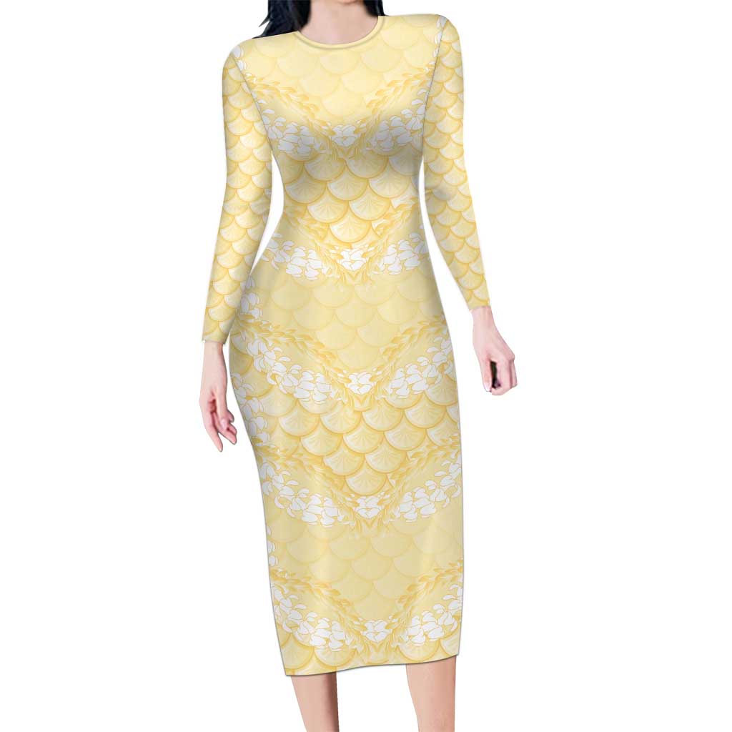 Pastel Yellow Mermaid Puakenikeni Maile Lei Long Sleeve Bodycon Dress LT01 Long Dress Yellow - Polynesian Pride
