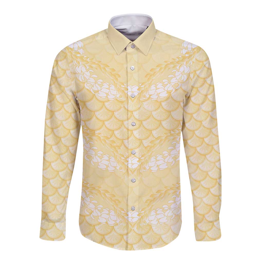Pastel Yellow Mermaid Puakenikeni Maile Lei Long Sleeve Button Shirt LT01 Unisex Yellow - Polynesian Pride