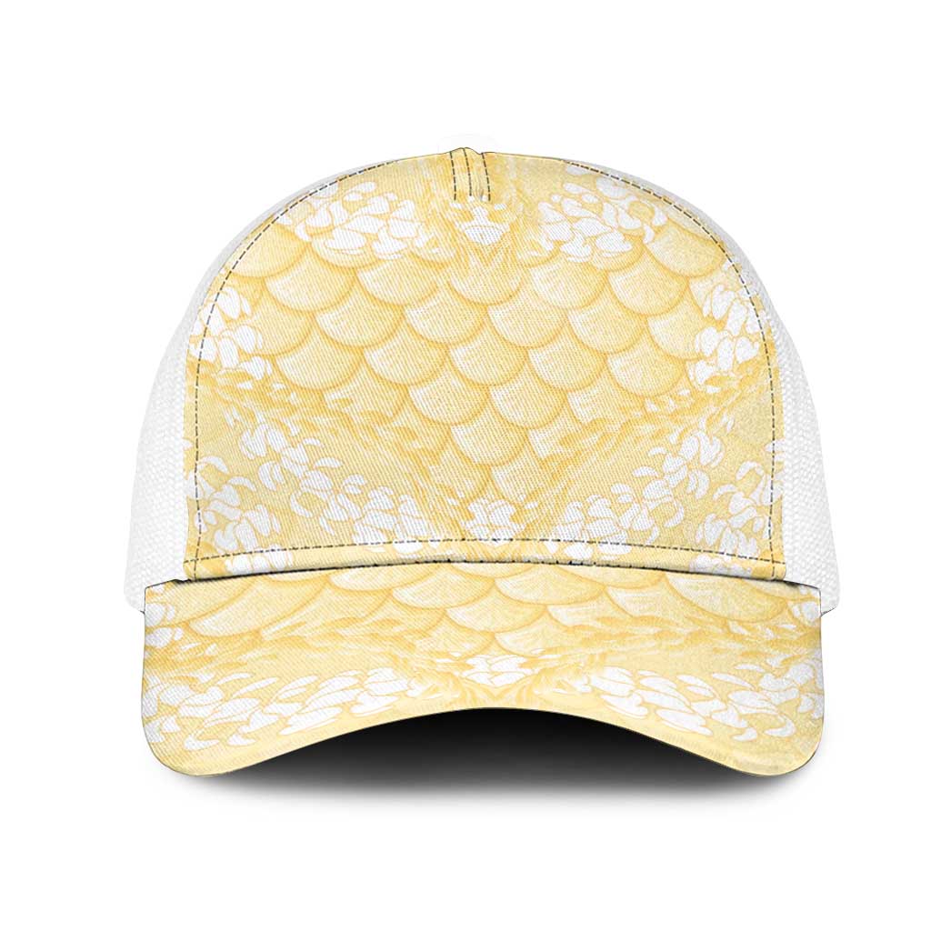Pastel Yellow Mermaid Puakenikeni Maile Lei Mesh Trucker Cap