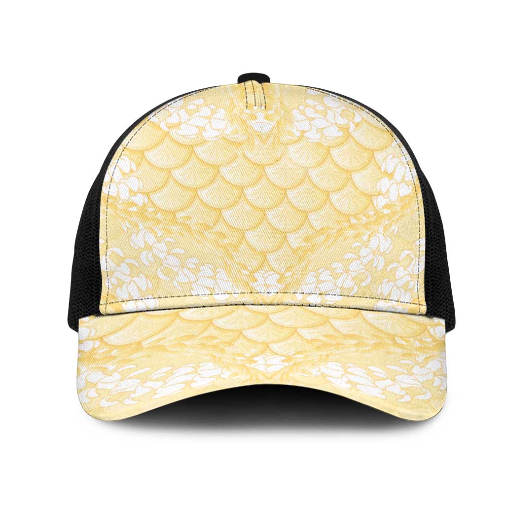 Pastel Yellow Mermaid Puakenikeni Maile Lei Mesh Trucker Cap LT01 One Size Black Yellow - Polynesian Pride