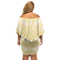 Pastel Yellow Mermaid Puakenikeni Maile Lei Off Shoulder Short Dress