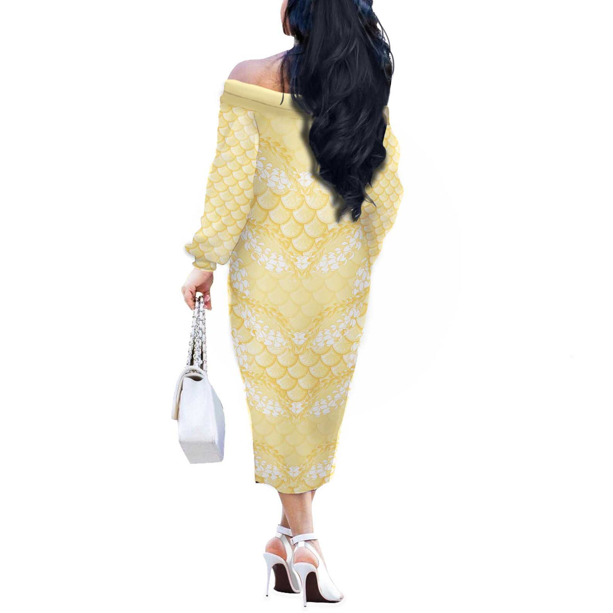 Pastel Yellow Mermaid Puakenikeni Maile Lei Off The Shoulder Long Sleeve Dress LT01 - Polynesian Pride