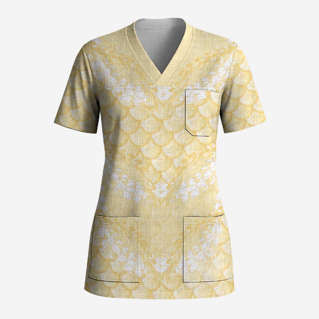 Pastel Yellow Mermaid Puakenikeni Maile Lei Scrub Top LT01 Adult Yellow - Polynesian Pride