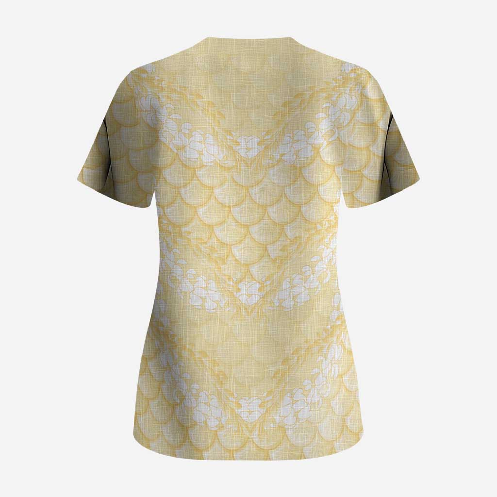 Pastel Yellow Mermaid Puakenikeni Maile Lei Scrub Top LT01 - Polynesian Pride