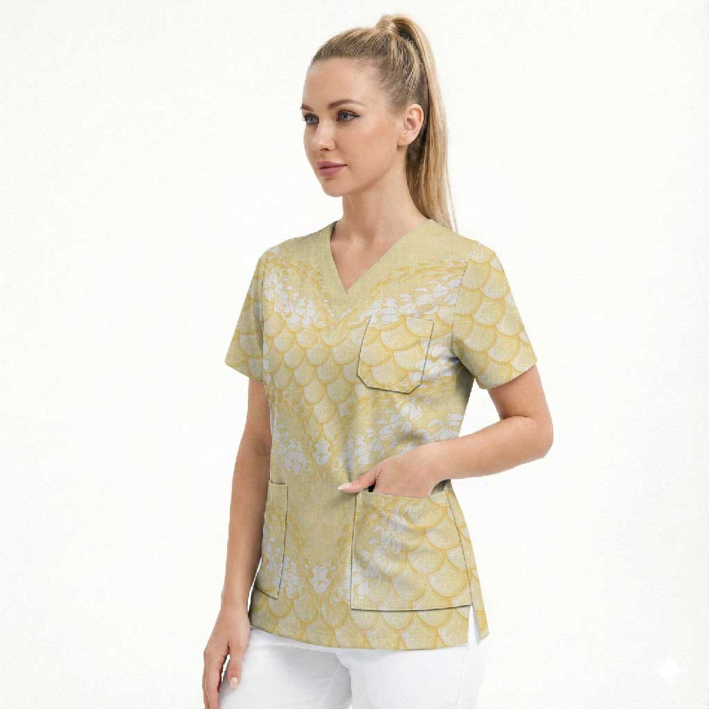 Pastel Yellow Mermaid Puakenikeni Maile Lei Scrub Top LT01 - Polynesian Pride