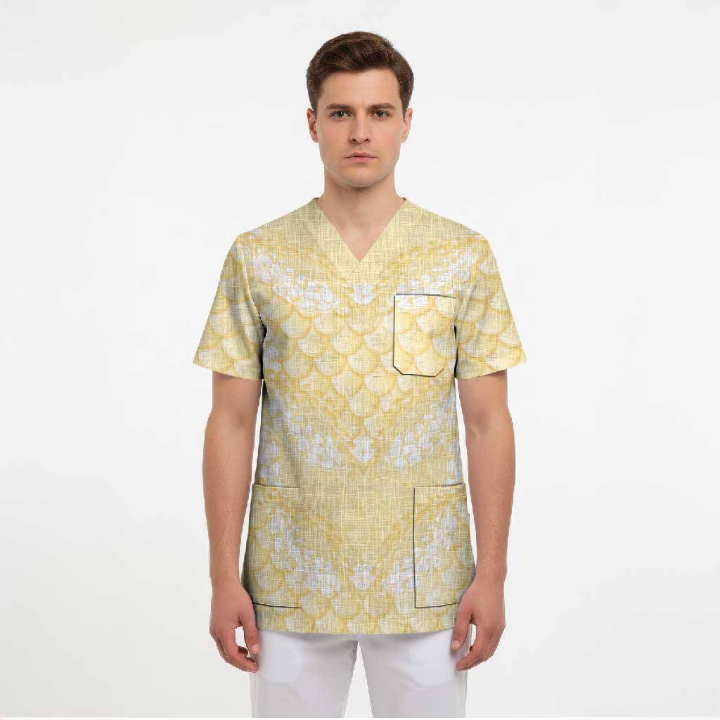 Pastel Yellow Mermaid Puakenikeni Maile Lei Scrub Top LT01 - Polynesian Pride