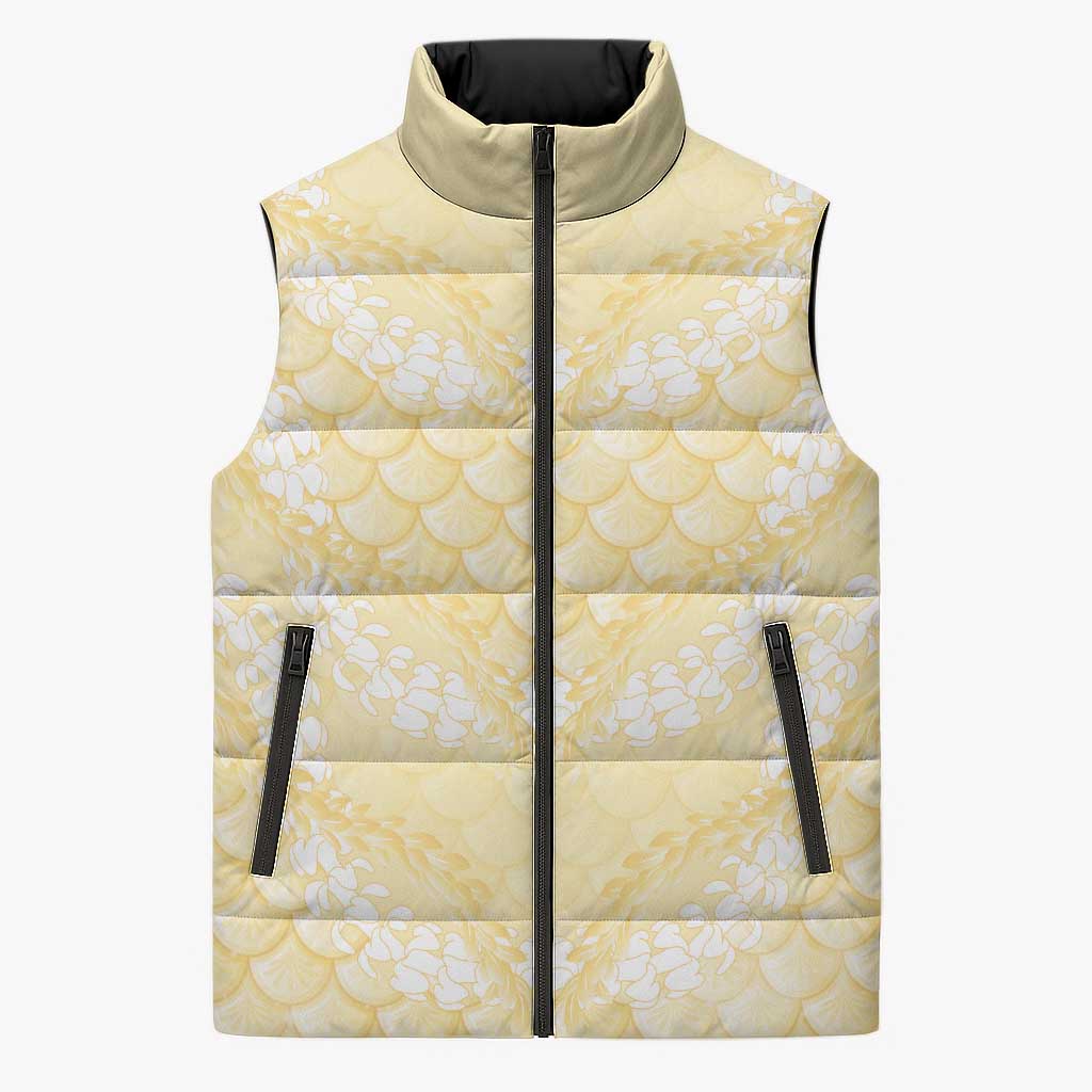 Pastel Yellow Mermaid Puakenikeni Maile Lei Sleeveless Puffer Jacket
