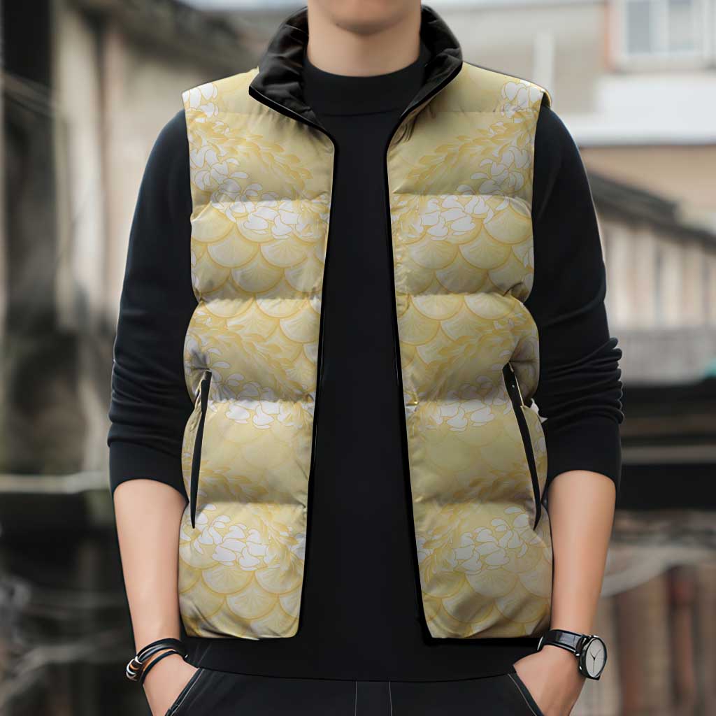 Pastel Yellow Mermaid Puakenikeni Maile Lei Sleeveless Puffer Jacket